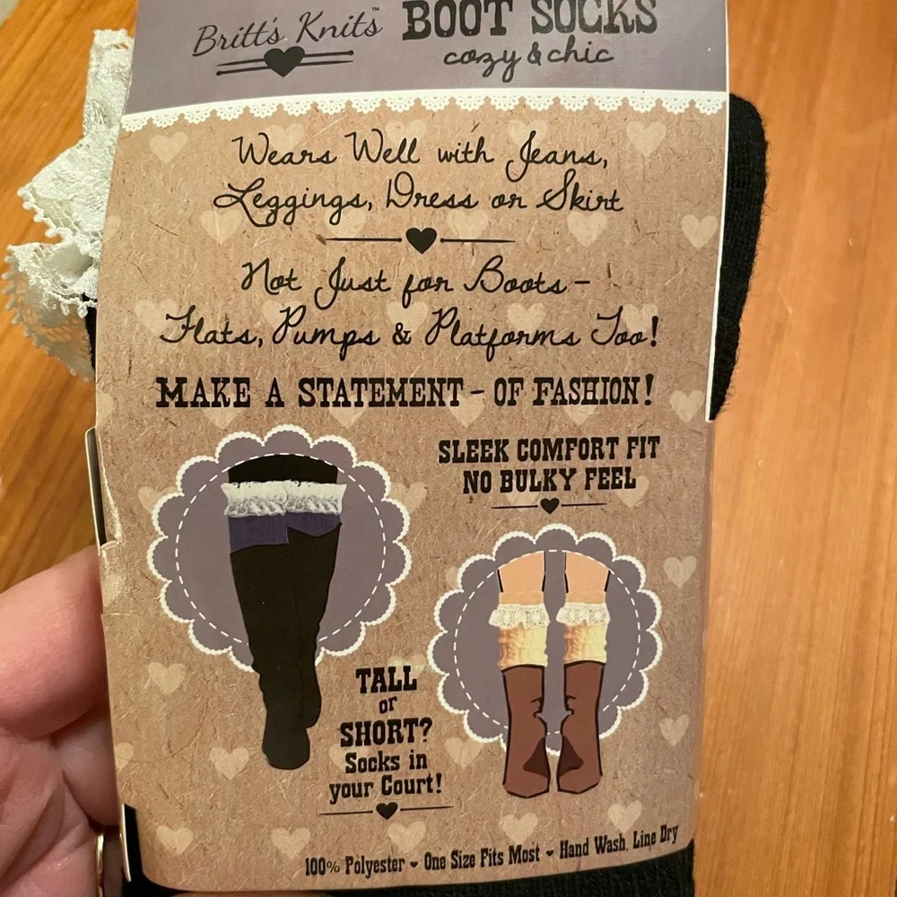 Britt’s Knits Black Boot Socks‎ with Lace Trim, NWT, OS